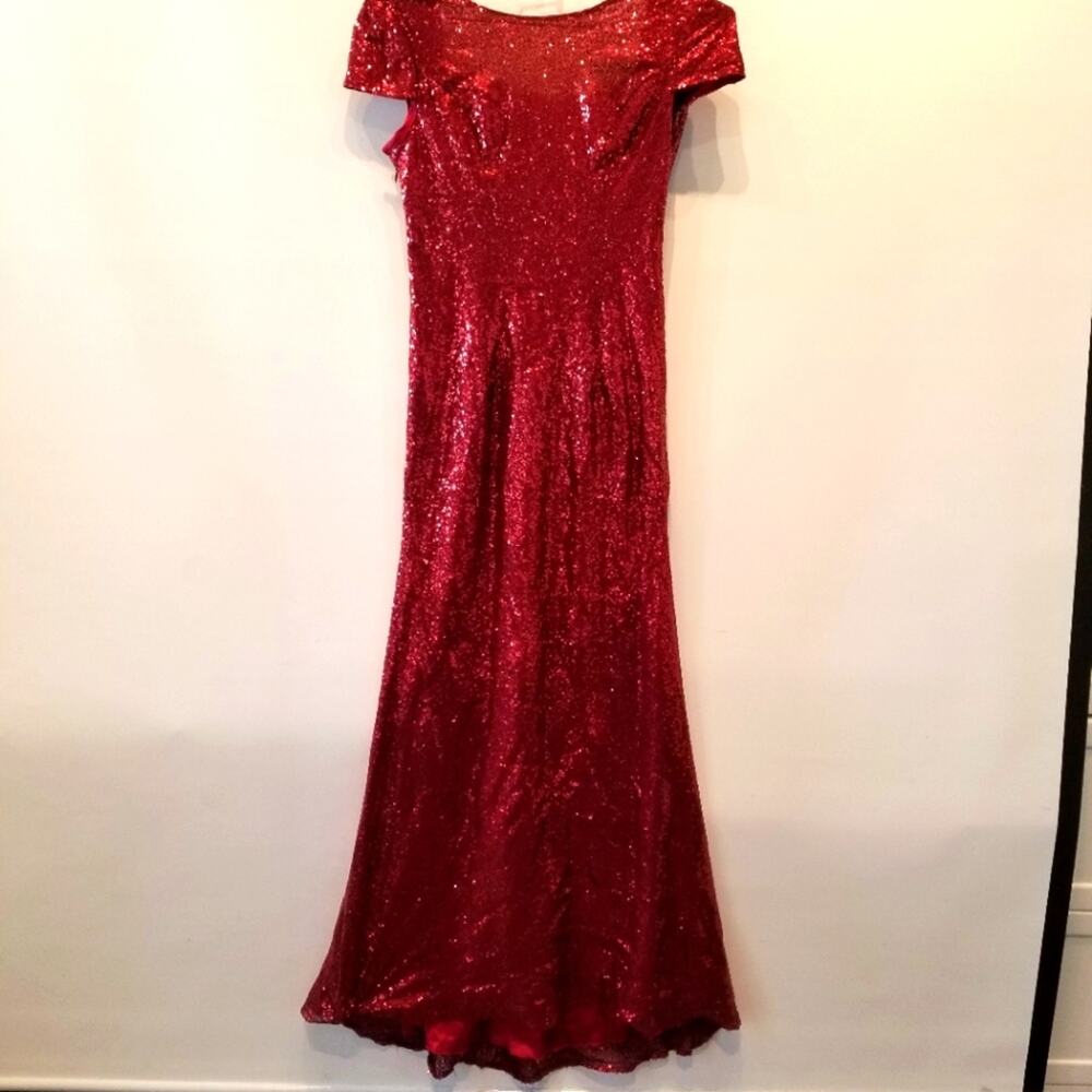 Red Sequin Maxi Long Dress Custom Made Low Back Cap Sleeves Women Juniors Size 7